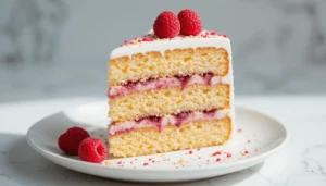 A single slice of vanilla sponge cake with raspberry filling and white frosting, garnished with fresh raspberries on a white plate.