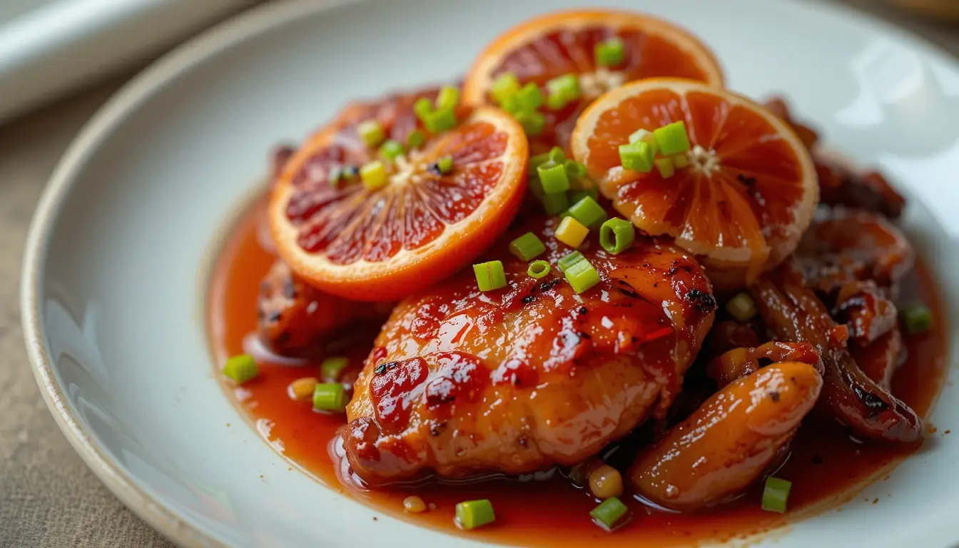 Blood orange chicken with citrus glaze garnished with fresh orange slices.