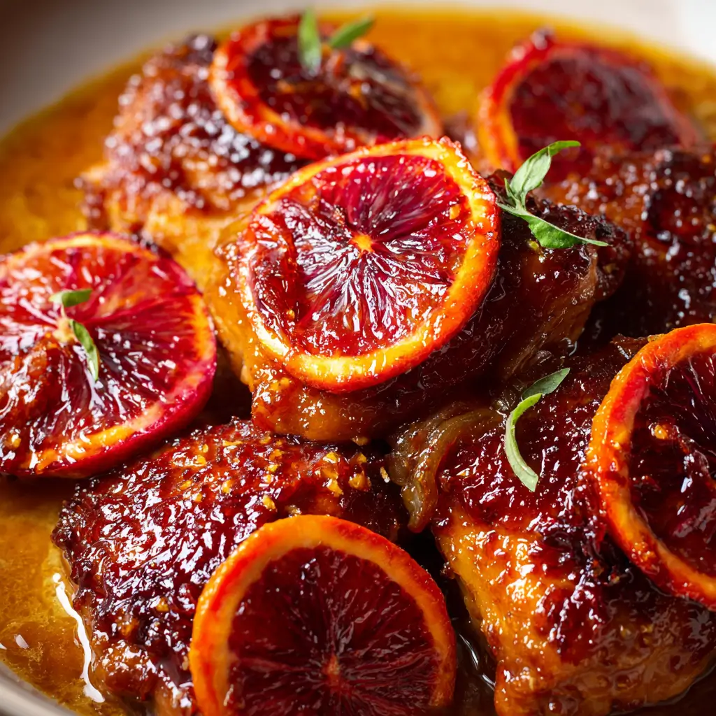 A close-up serving dish of glazed blood orange chicken, garnished with caramelized blood orange slices and fresh herbs.