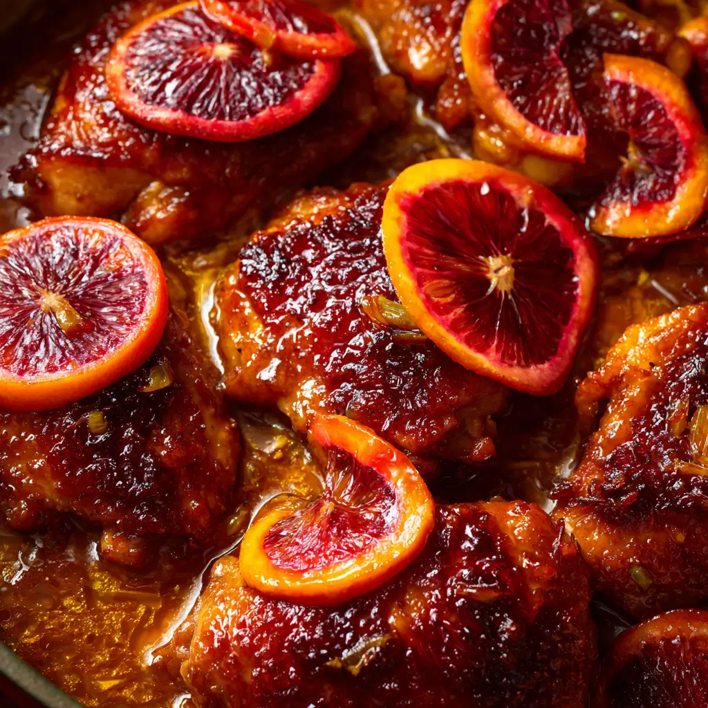 A close-up of glistening, pan-seared blood orange chicken thighs in a skillet, topped with vibrant slices of fresh blood orange.