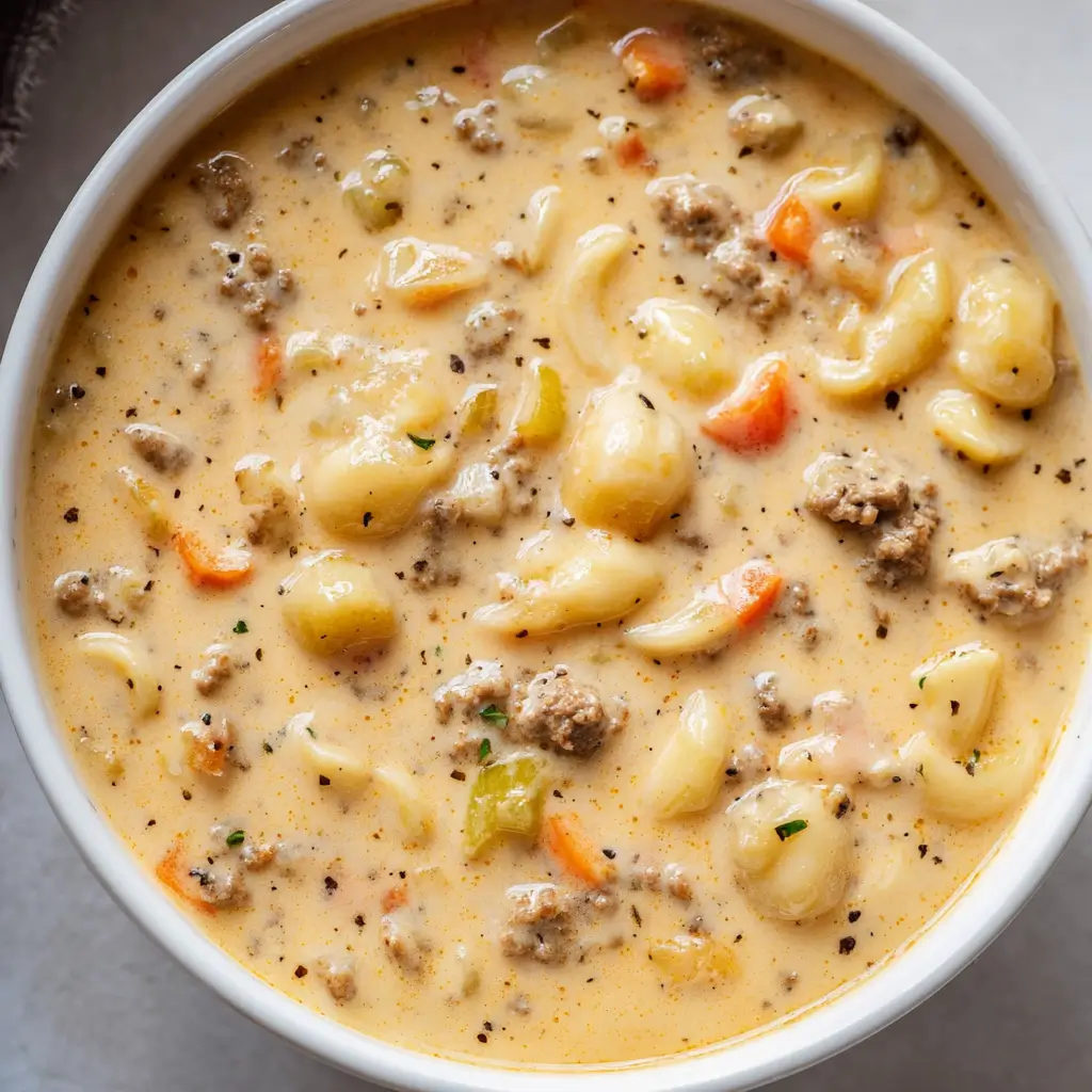 A close-up overhead shot of a white bowl filled with creamy cheeseburger macaroni soup, featuring ground beef, pasta, and vegetables.