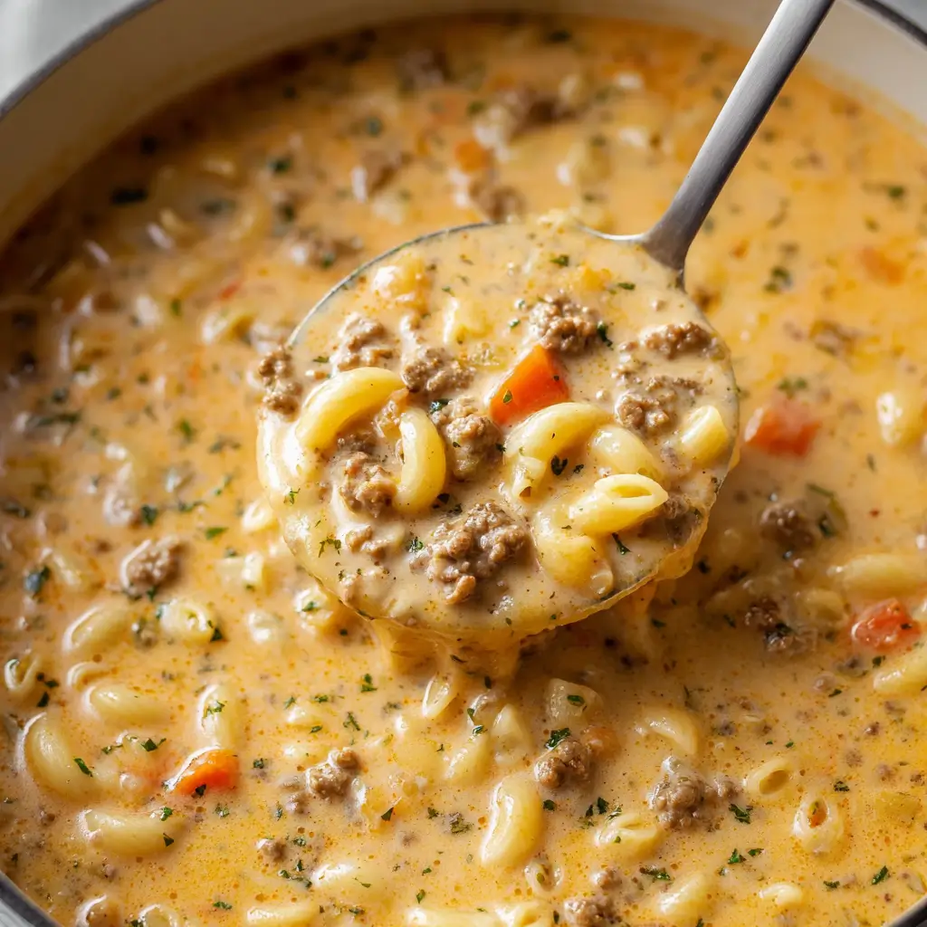 A ladle scooping creamy cheeseburger macaroni soup from a large white pot, showing the rich texture with ground beef and pasta.