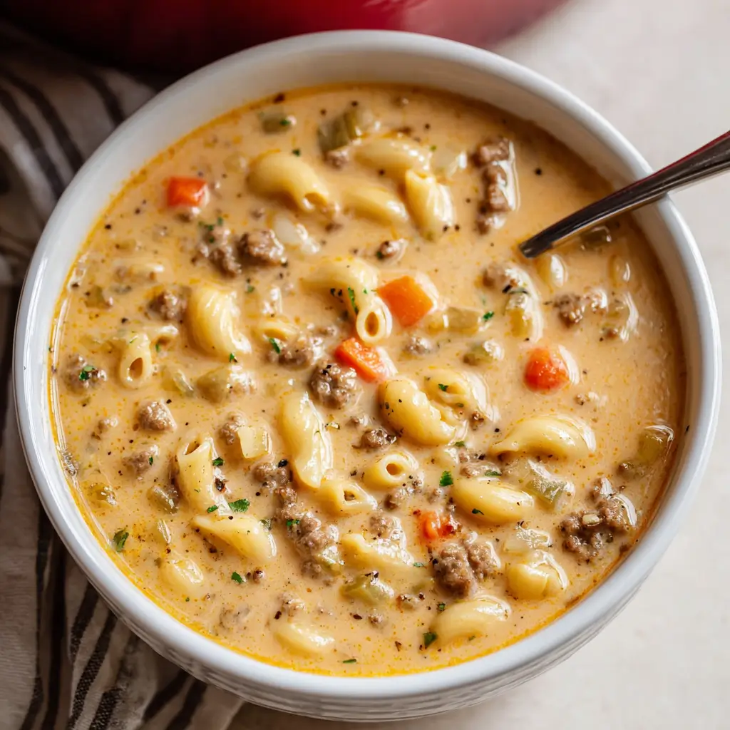 A white bowl filled with creamy cheeseburger macaroni soup, featuring ground beef, elbow pasta, carrots, and celery, with a spoon resting inside.