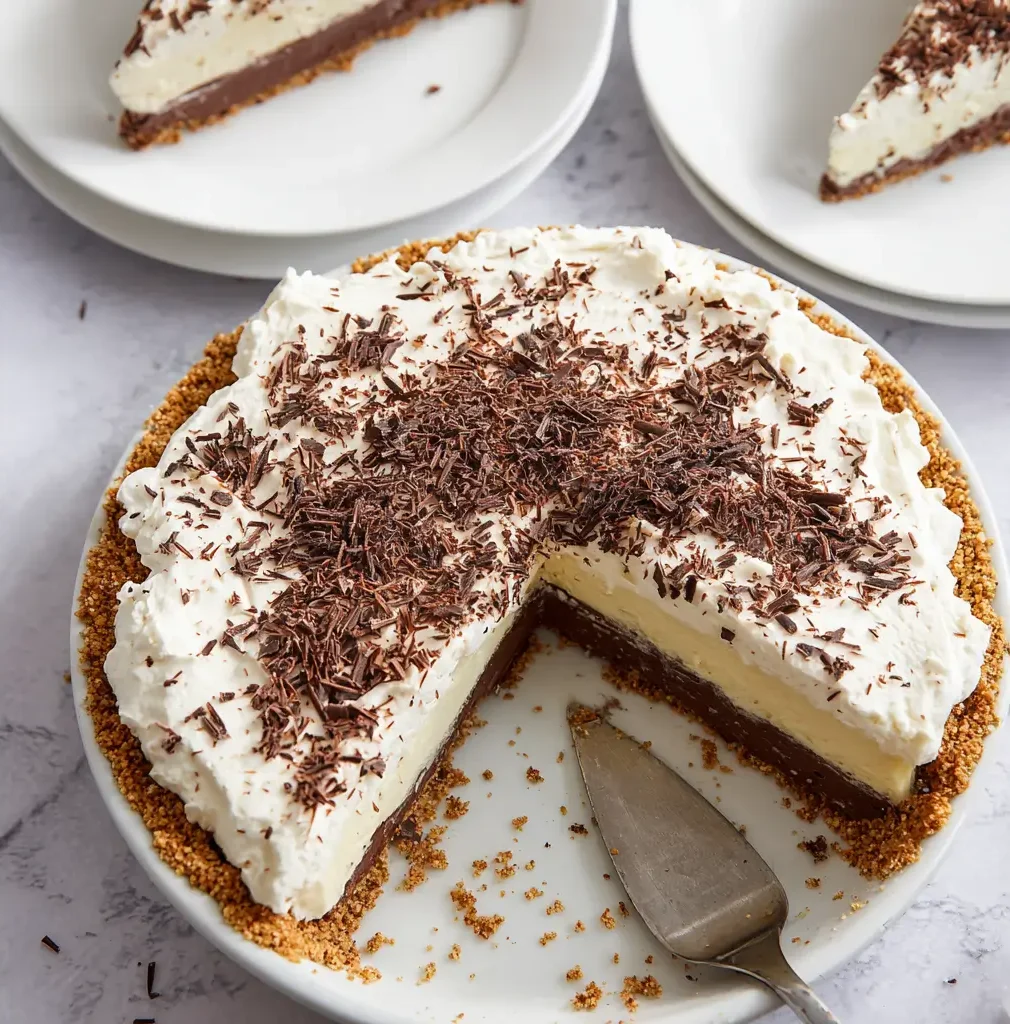 A whole chocolate cream cheese pie with a slice cut out, revealing the layers of chocolate and cream cheese filling inside a graham cracker crust, all topped with whipped cream and chocolate shavings.