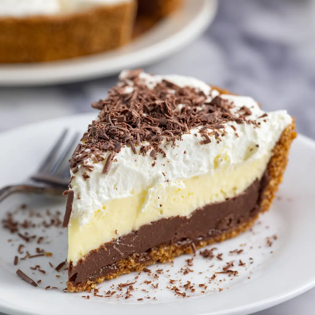 A single slice of a layered chocolate cream cheese pie on a white plate, featuring a graham cracker crust, a chocolate layer, a cream cheese layer, and topped with whipped cream and chocolate shavings.