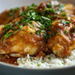 Close-up of smothered chicken and rice garnished with fresh parsley.