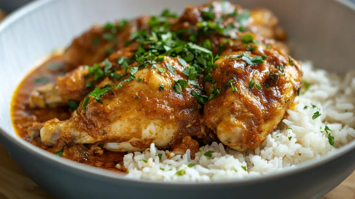 Close-up of smothered chicken and rice garnished with fresh parsley.