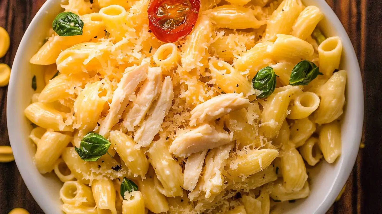 Close-up of creamy penne Rattlesnake Pasta topped with sliced chicken, fresh basil leaves, and grated Parmesan cheese