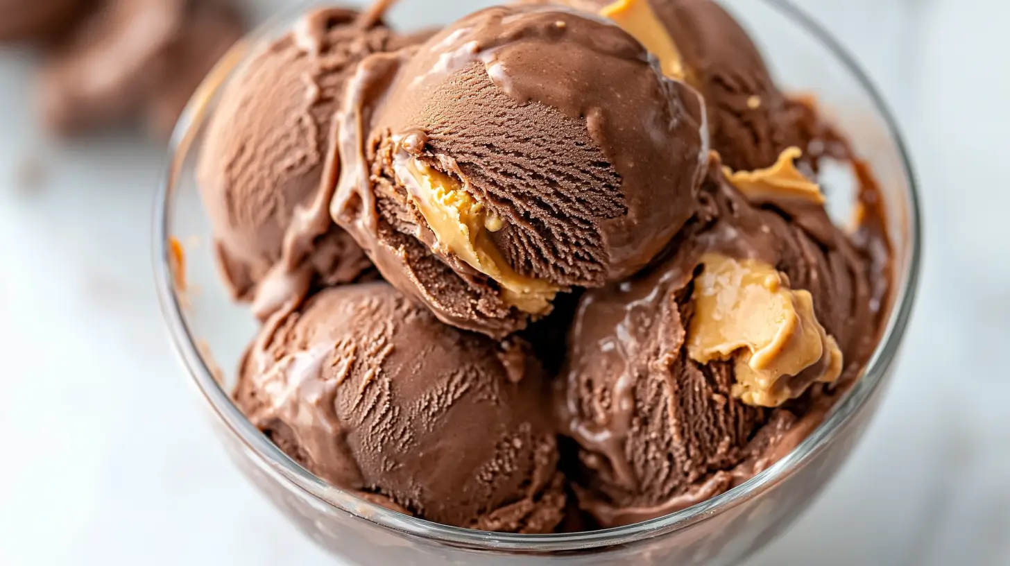 A close-up shot of chocolate peanut butter ice cream in a bowl, highlighting smooth chocolate and peanut butter chunks.