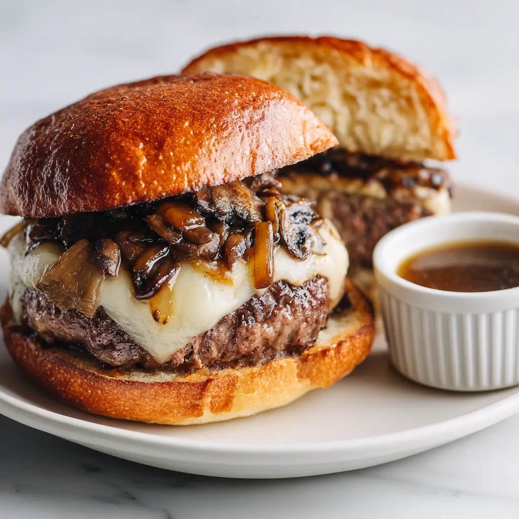 A juicy French dip burger topped with sautéed mushrooms and melted provolone cheese on a brioche bun, with a side of au jus for dipping.