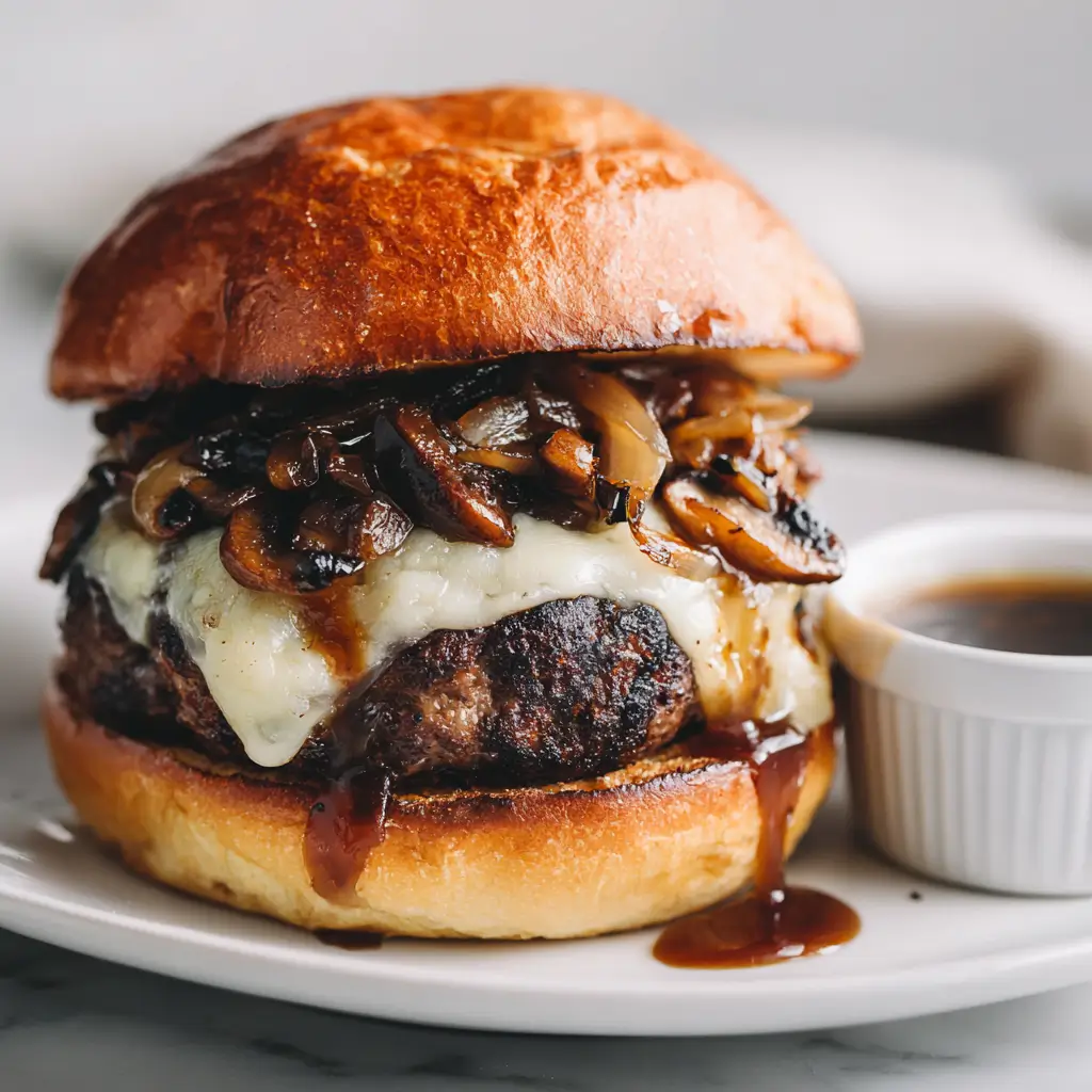 A close-up photo of a French dip mushroom burger featuring a thick beef patty, melted cheese, and a pile of sautéed mushrooms and onions on a brioche bun, with a side of au jus.