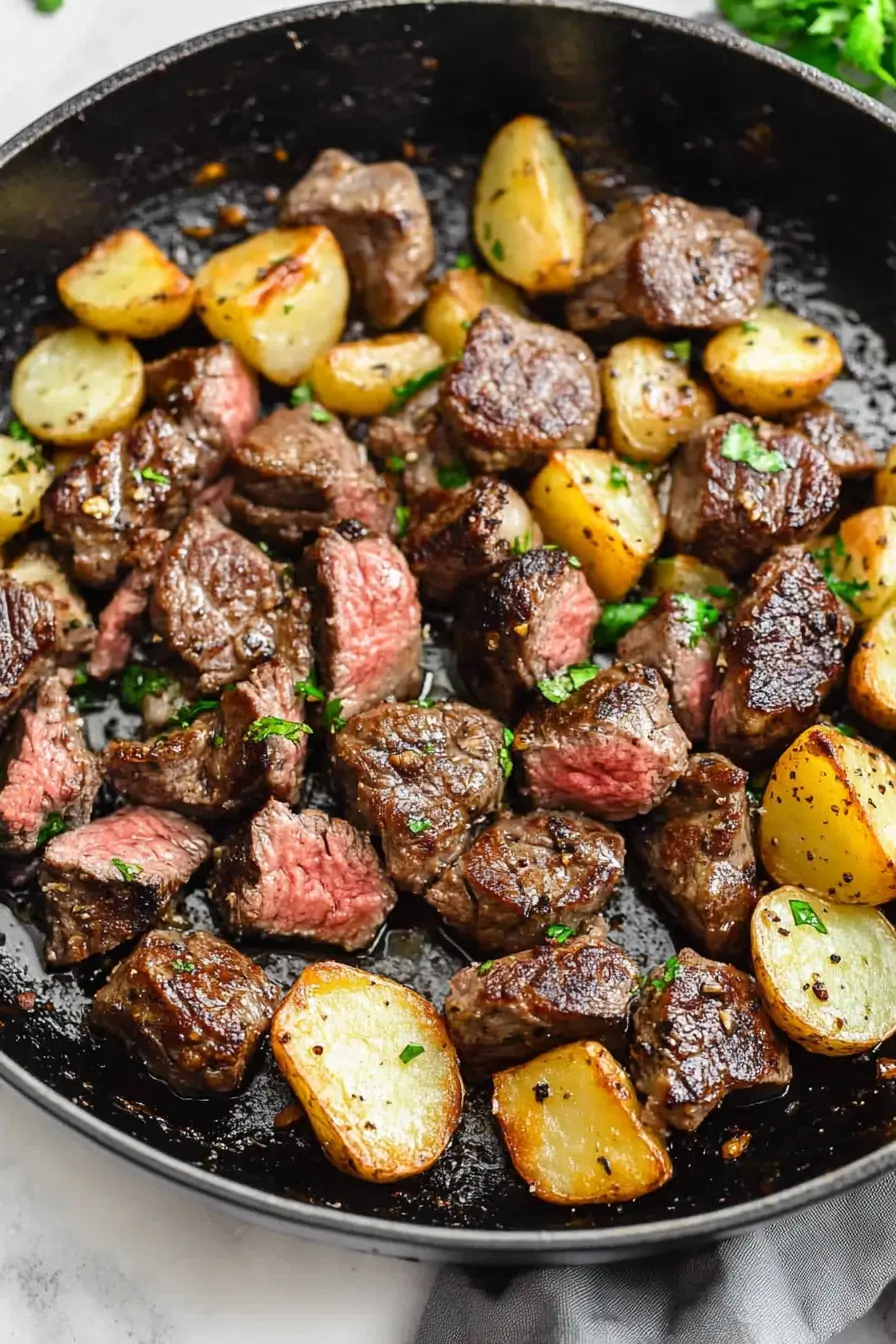 Skillet-cooked garlic butter steak bites and potatoes, perfectly seared and garnished with fresh parsley for a flavorful one-pan meal.