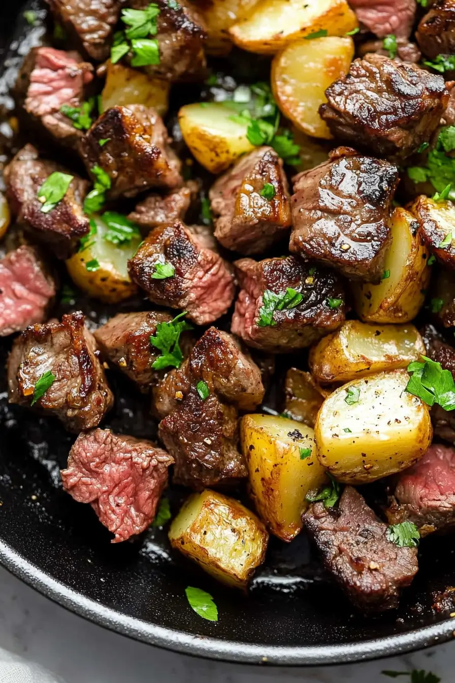 Juicy garlic butter steak bites and crispy golden potatoes cooked in a cast iron skillet, garnished with fresh parsley.