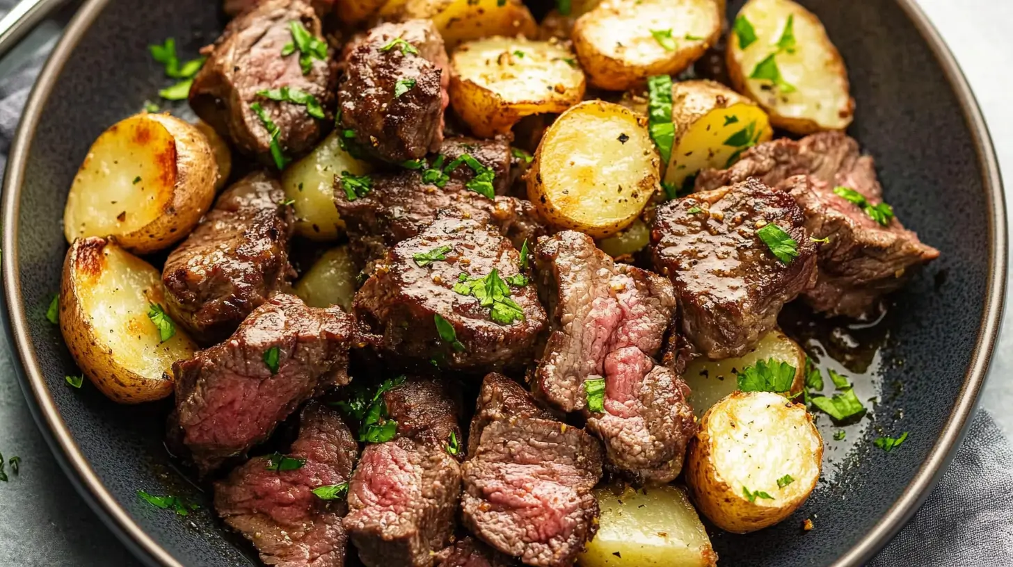 Juicy garlic butter steak bites with crispy roasted potatoes garnished with fresh parsley, served in a dark bowl.