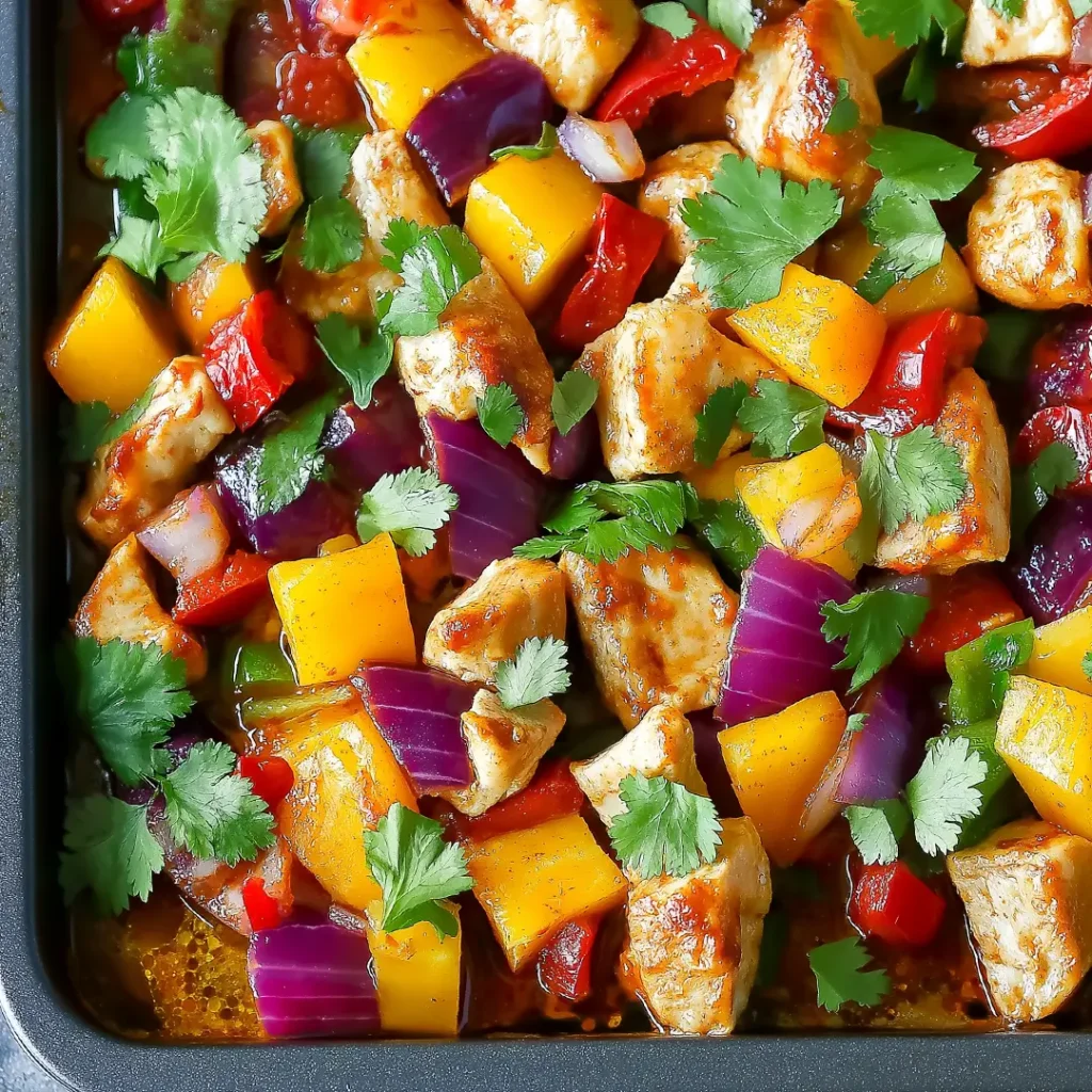 Colorful Hawaiian chicken sheet pan with juicy chicken, bell peppers, red onions, and fresh cilantro