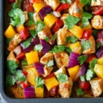 Colorful Hawaiian chicken sheet pan with juicy chicken, bell peppers, red onions, and fresh cilantro