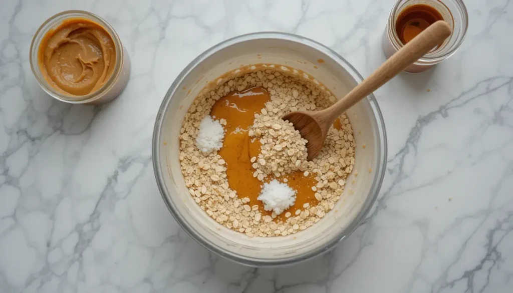  Ingredients for no bake peanut butter oat cups being mixed in a bowl.