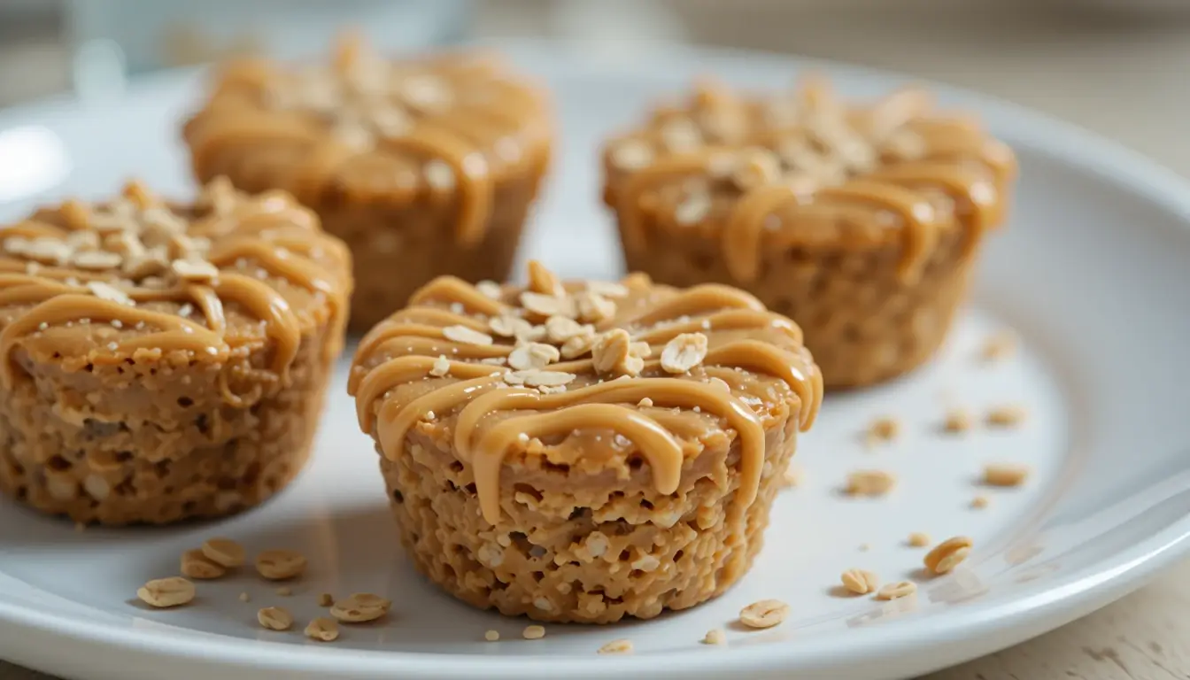 Stacked no bake peanut butter oat cups with peanut butter drizzle.