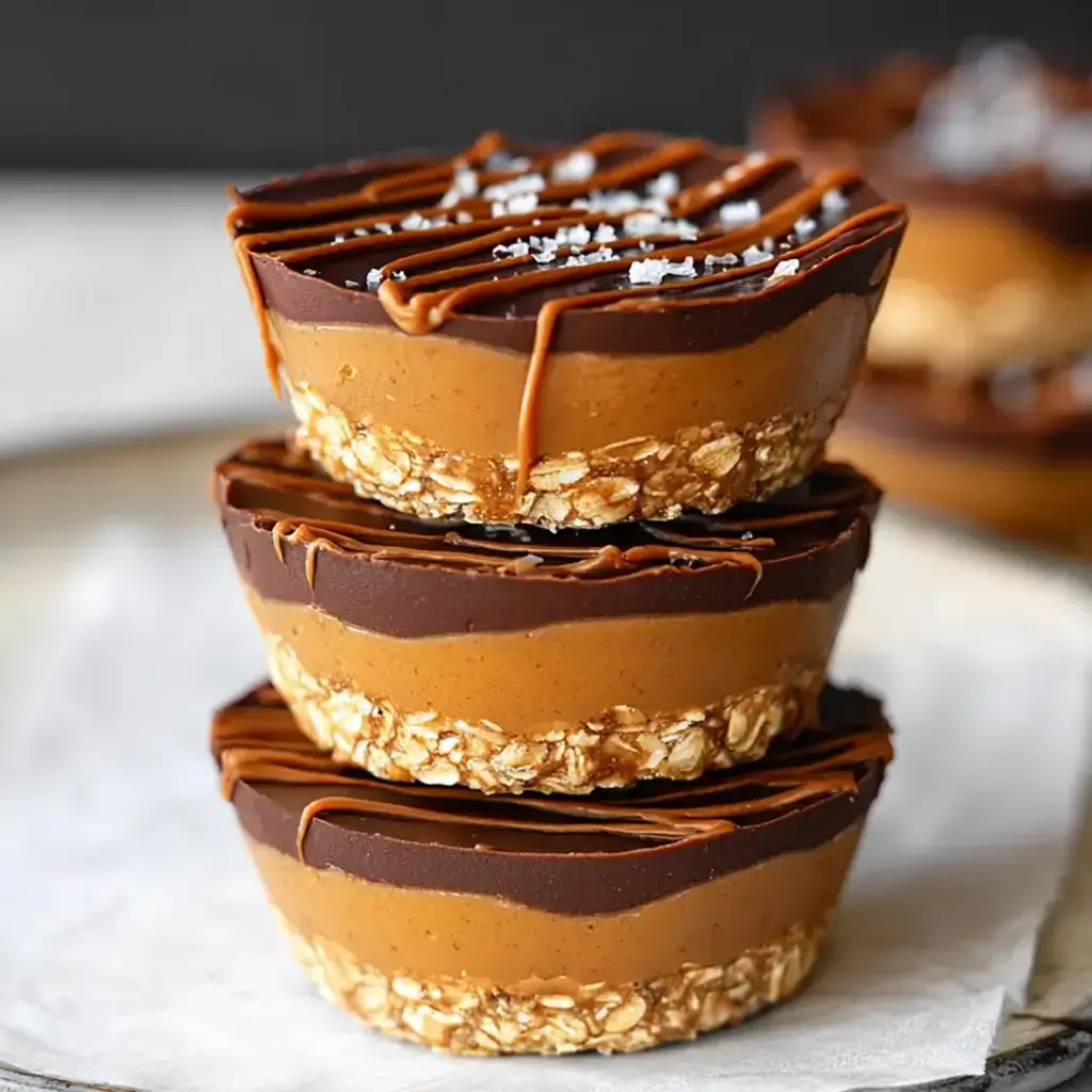 A tall stack of three no bake peanut butter oat cups sitting on parchment paper, clearly showing the layers of the oat crust, the thick peanut butter filling, and the solid chocolate topping sprinkled with sea salt.