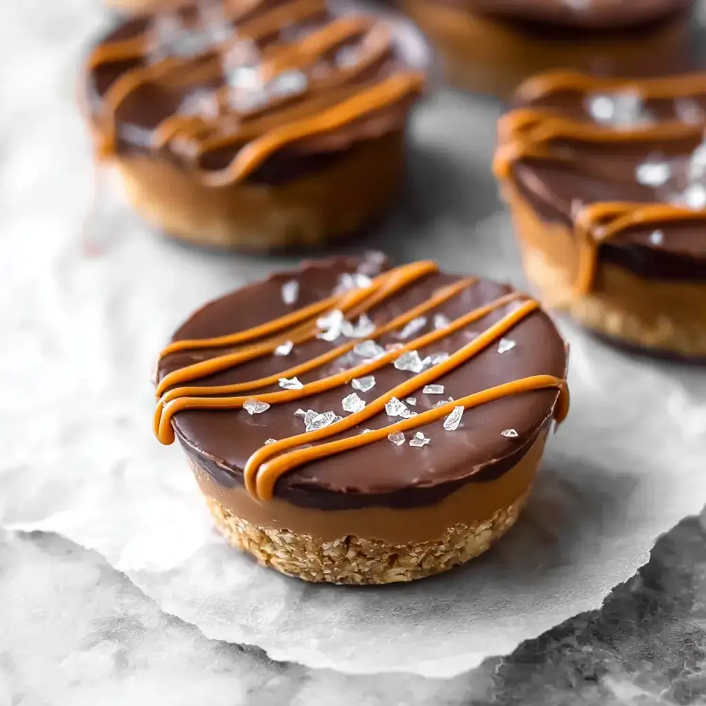 A close-up of a single no-bake peanut butter oat cup on parchment paper, featuring a chewy oat base, a rich chocolate topping, a golden caramel drizzle, and a sprinkle of flaky sea salt.