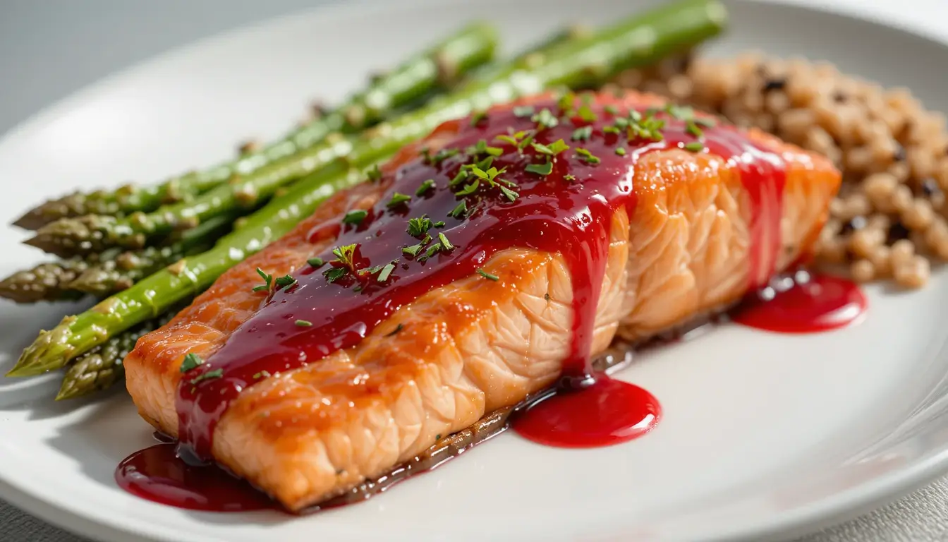 Raspberry glazed salmon fillet with fresh herbs and asparagus