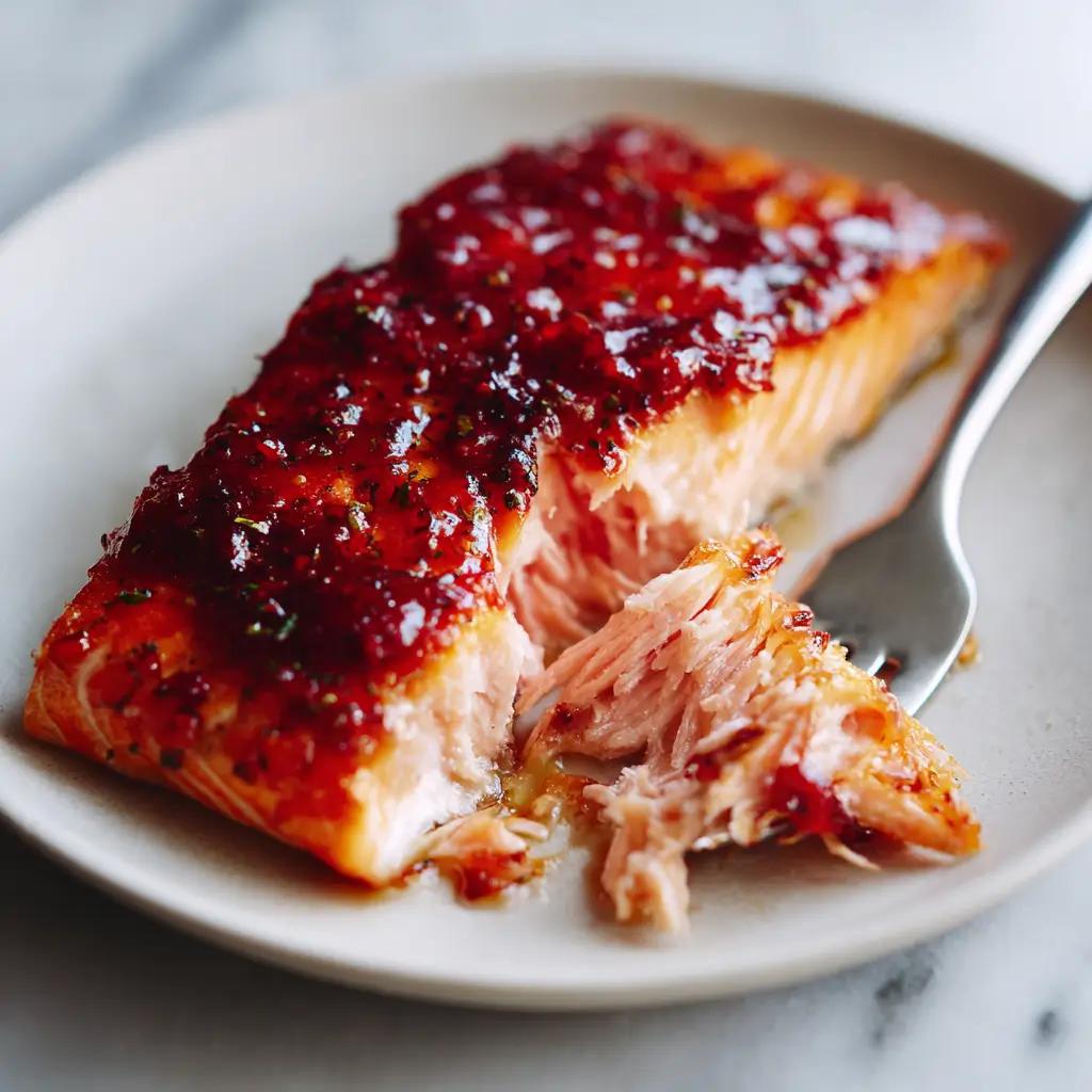 A fork flaking a piece of juicy raspberry glazed salmon on a plate, showing its tender and perfectly cooked pink texture.