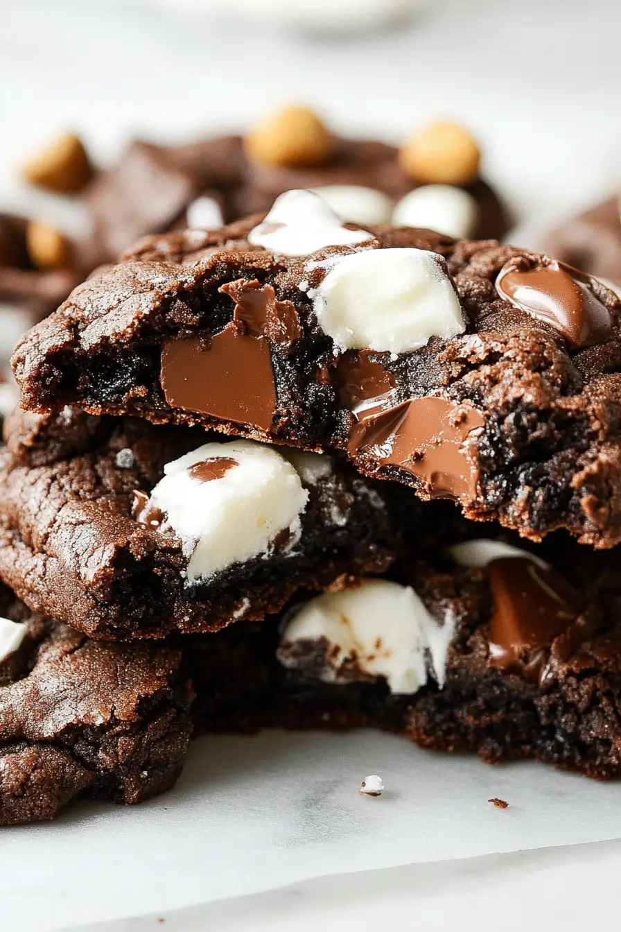 A half-eaten Rocky Road Cookie with a soft, fudgy center, gooey marshmallows, melty chocolate chips, and crunchy nuts on parchment paper.