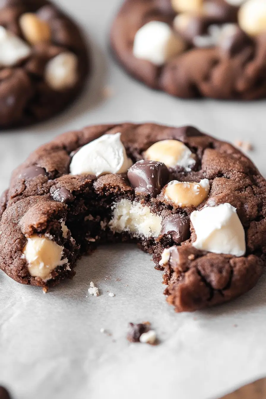 Close-up of stacked Rocky Road Cookies with a gooey chocolate center, melted chocolate chips, and soft marshmallows on parchment paper.