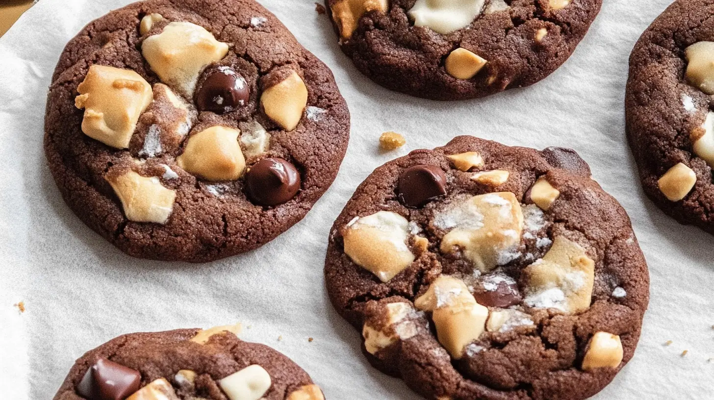 Close-up of freshly baked Rocky Road Cookies with gooey marshmallows, rich chocolate chips, and crunchy nuts on parchment paper.