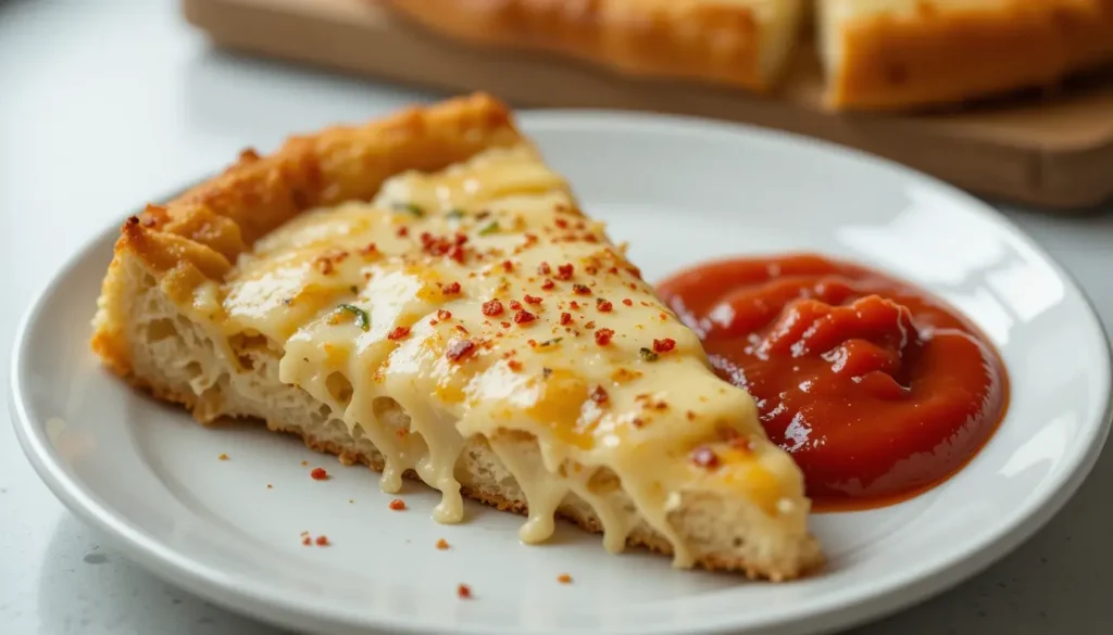 Slice garlic bread pizza with marinara dipping sauce