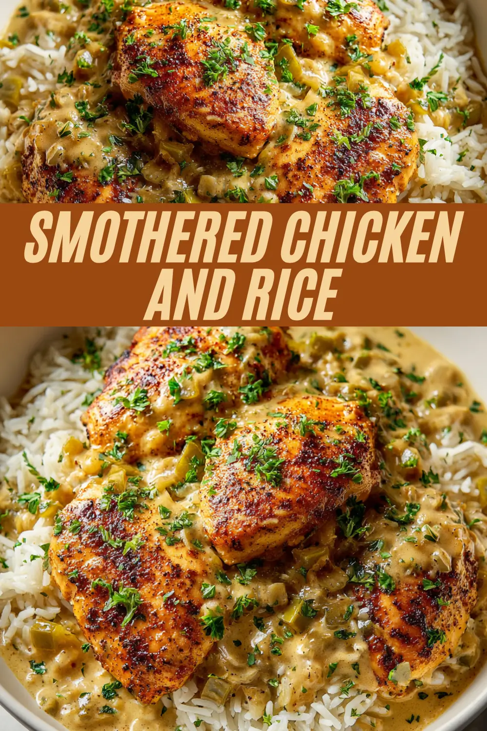 Southern-style smothered chicken breasts with creamy gravy over rice and fresh parsley