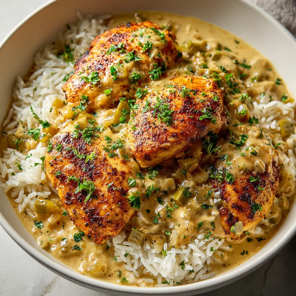 Smothered chicken breasts with creamy gravy over rice, topped with parsley