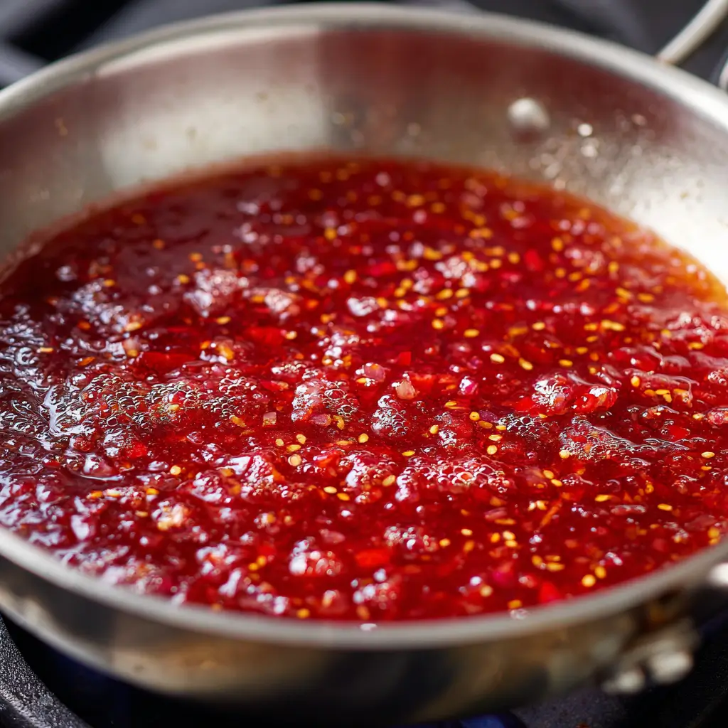 A close-up of a vibrant red blood orange sauce simmering and reducing in a stainless steel saucepan for a blood orange chicken recipe.