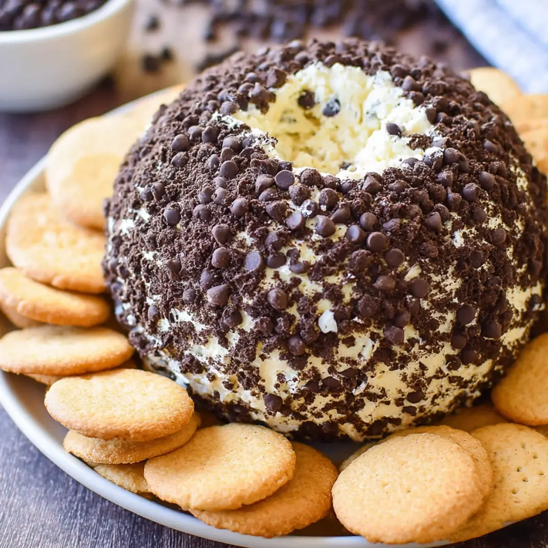 Chocolate chip cheese ball dessert covered in mini chocolate chips and served with cookies