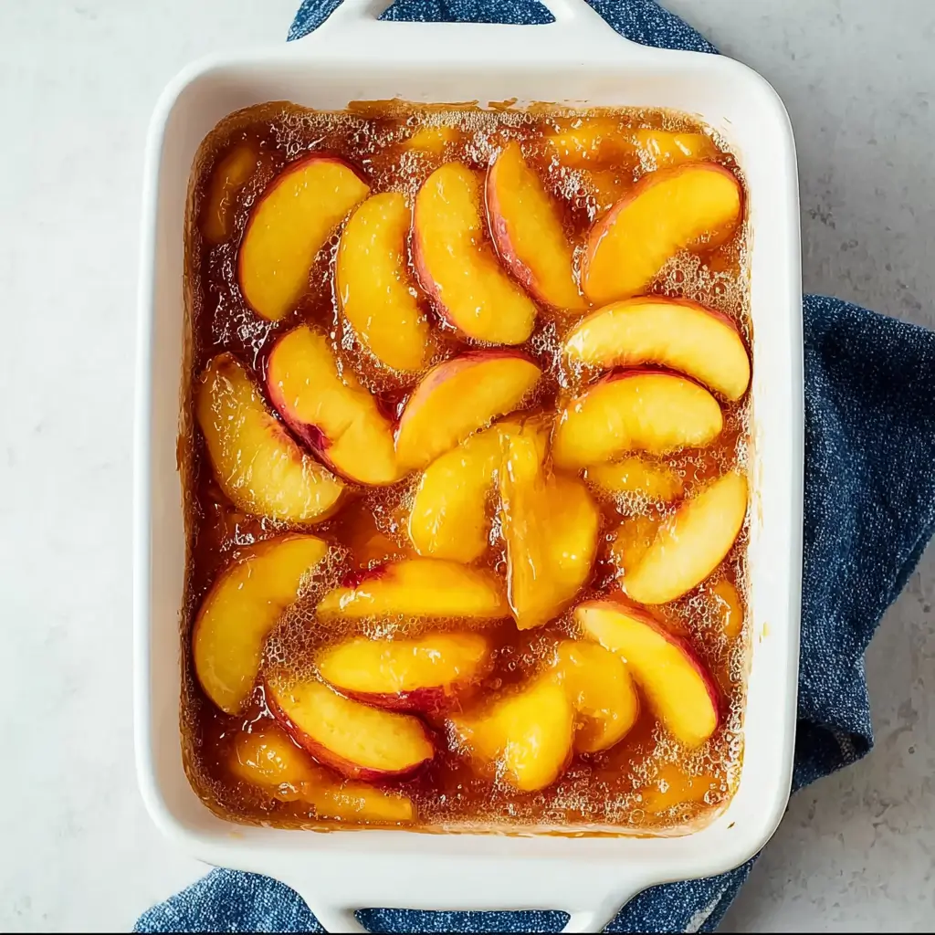 An overhead view of a white ceramic baking dish filled with sliced fresh peaches in a bubbly, caramelized sauce, showing the fruit layer of a homemade fresh peach dump cake.
