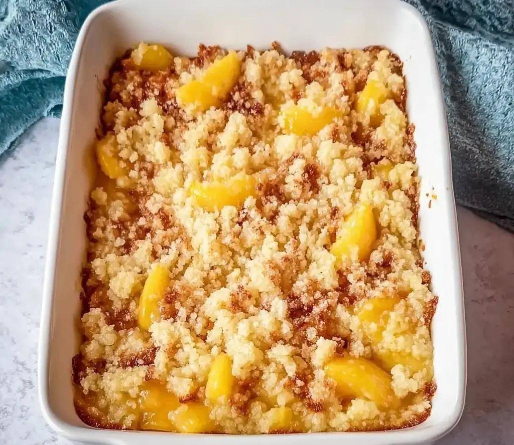 A freshly baked fresh peach dump cake in a white ceramic dish, featuring a golden-brown and crumbly cake topping with slices of yellow peaches peeking through.