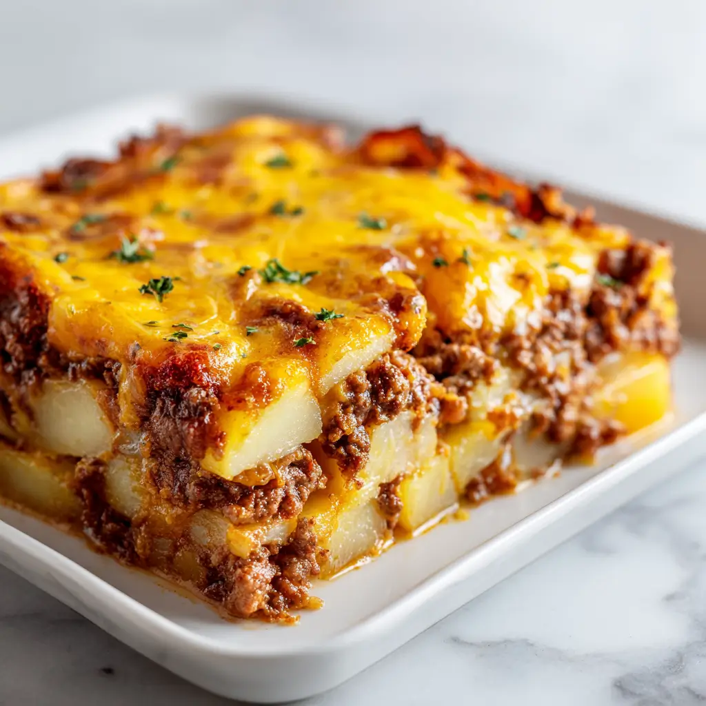 A single square slice of hamburger potato casserole on a white plate, showing the distinct layers of ground beef and potatoes, topped with melted cheddar cheese and parsley.