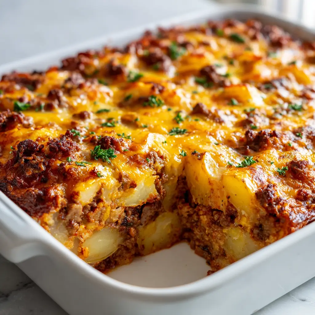 A close-up of a freshly baked hamburger potato casserole in a white baking dish, with a serving removed to show the layers of seasoned ground beef, sliced potatoes, and melted cheddar cheese.