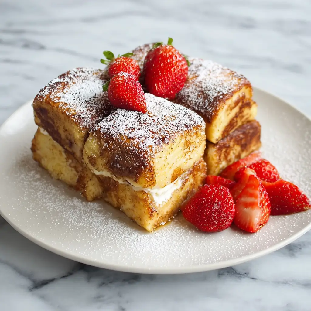 A stack of golden-brown Hawaiian roll French toast, dusted with powdered sugar and topped with fresh whole and sliced strawberries on a white plate