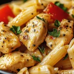 Close-up of Honey Pepper Chicken Pasta with tender chicken, penne pasta, and red bell peppers, garnished with fresh parsley.