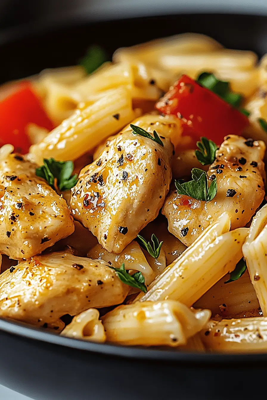 Close-up of Honey Pepper Chicken Pasta with tender chicken, penne pasta, and red bell peppers, garnished with fresh parsley.