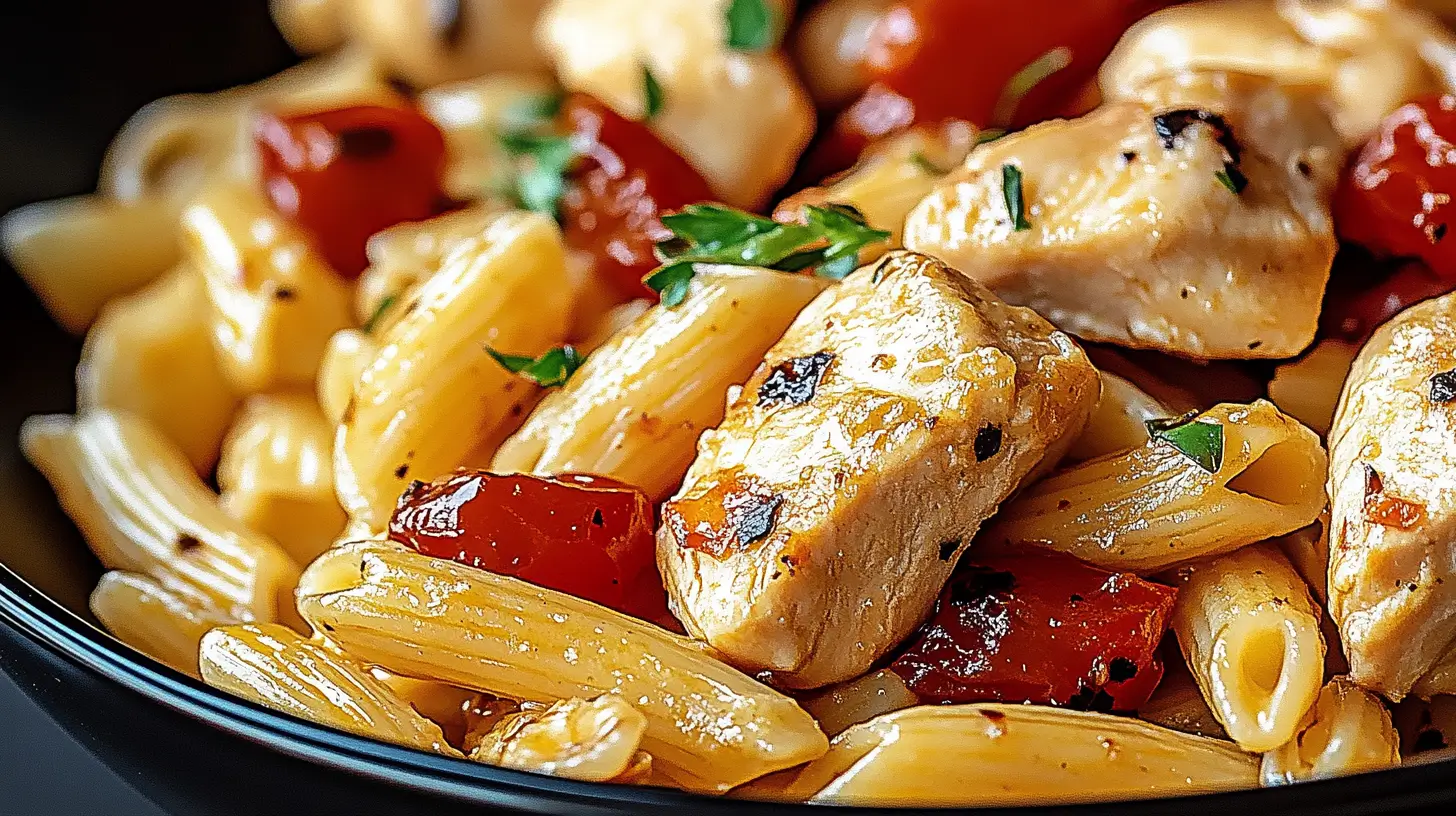 A close-up of Honey Pepper Chicken Pasta with juicy grilled chicken, roasted cherry tomatoes, and penne pasta, garnished with fresh parsley.