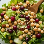 Lettuce cranberry nuts chickpea salad with mixed greens, dried cranberries, pecans, and garbanzo beans in glass bowl