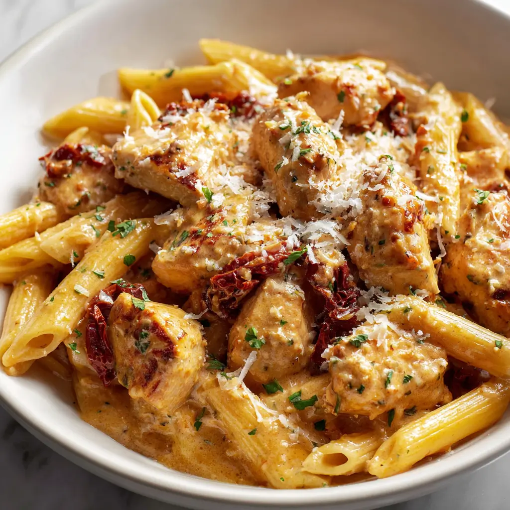 Creamy Marry Me Chicken Pasta with sun-dried tomatoes and Parmesan.