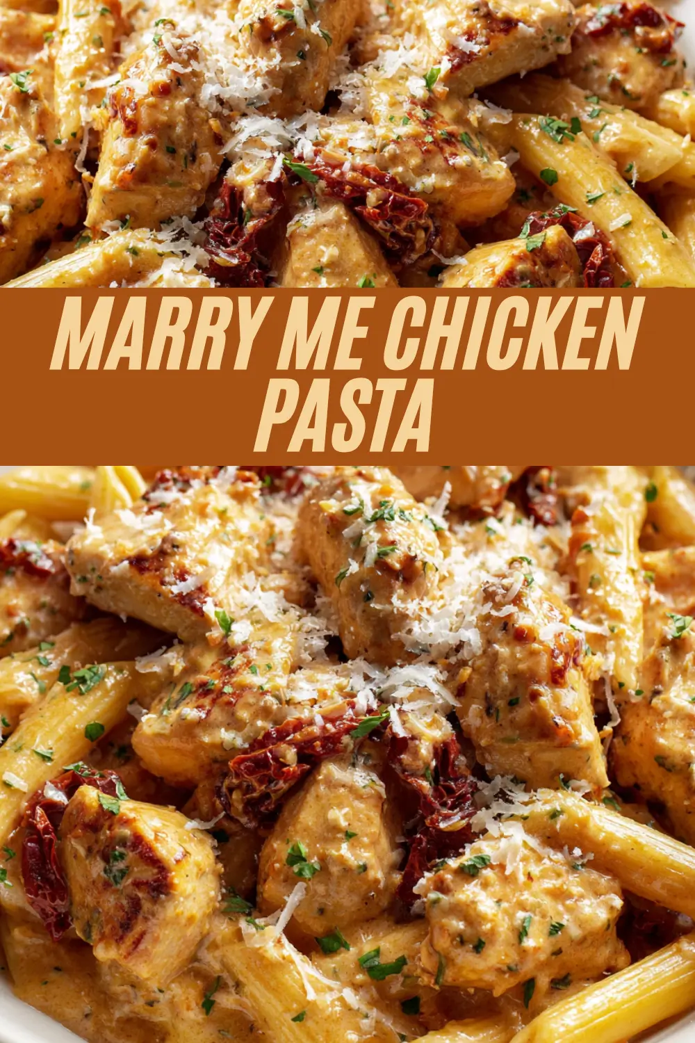 Creamy penne pasta with juicy chicken and sun-dried tomatoes.