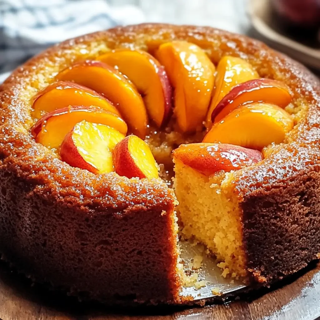 Close-up of a peach cobbler pound cake topped with glazed fresh peach slices and a golden crust
