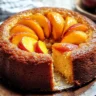 Close-up of a peach cobbler pound cake topped with glazed fresh peach slices and a golden crust
