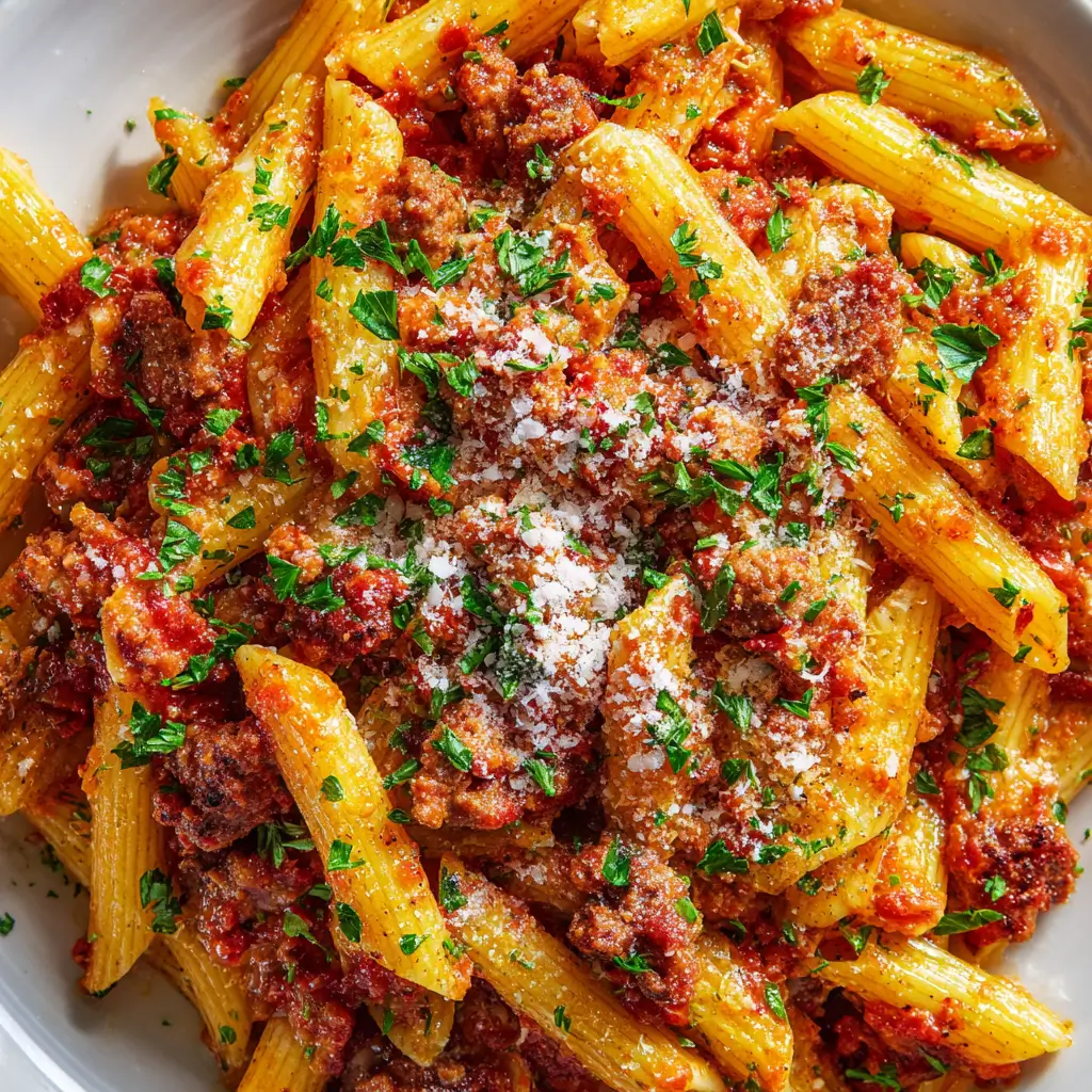 A close-up shot of a white bowl filled with delicious penne pasta with sausage, tossed in a rich tomato sauce and garnished with fresh parsley and grated Parmesan cheese.