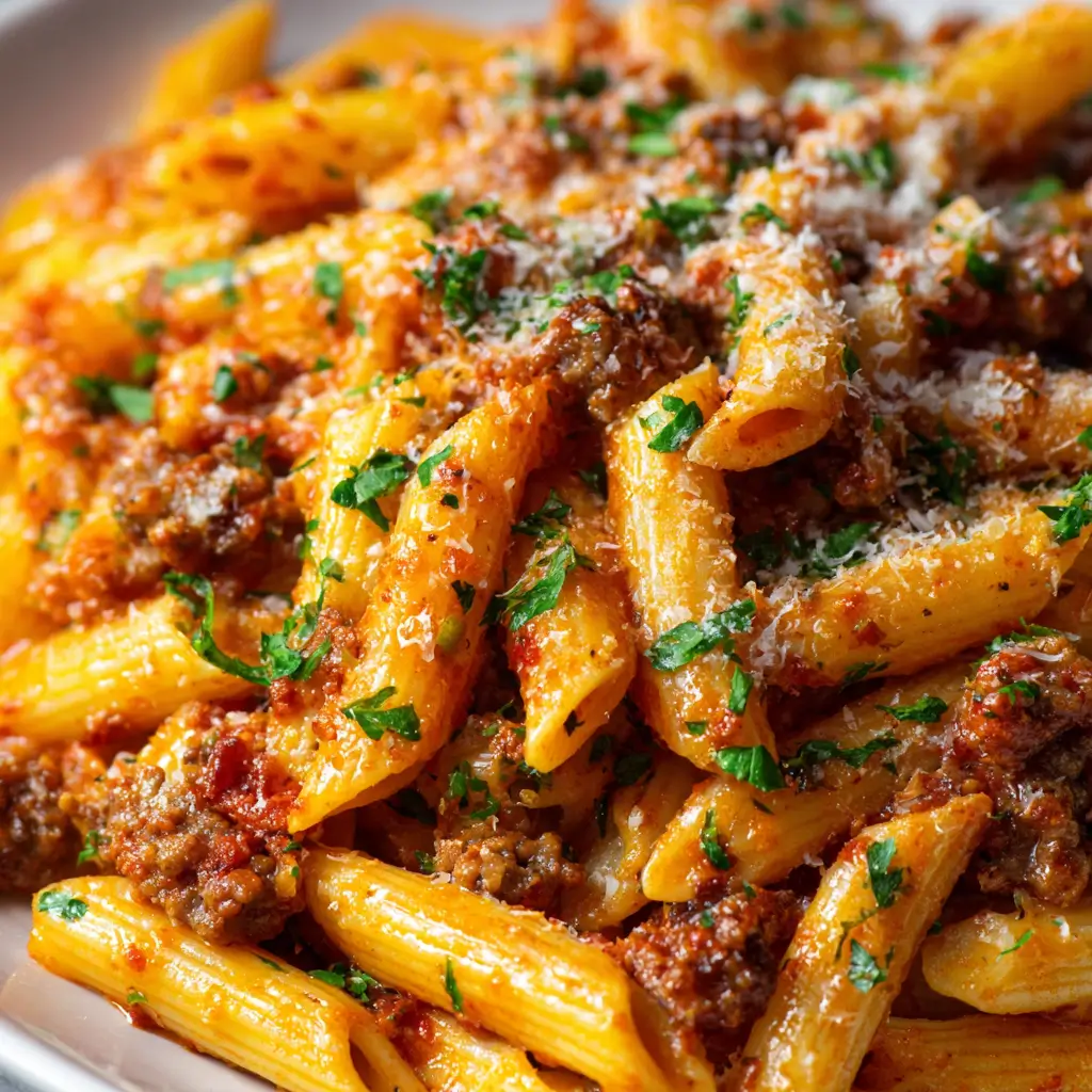 A close-up, detailed photograph of penne pasta with sausage, showing the texture of the rich meat sauce, fresh parsley, and finely grated cheese coating the noodles.