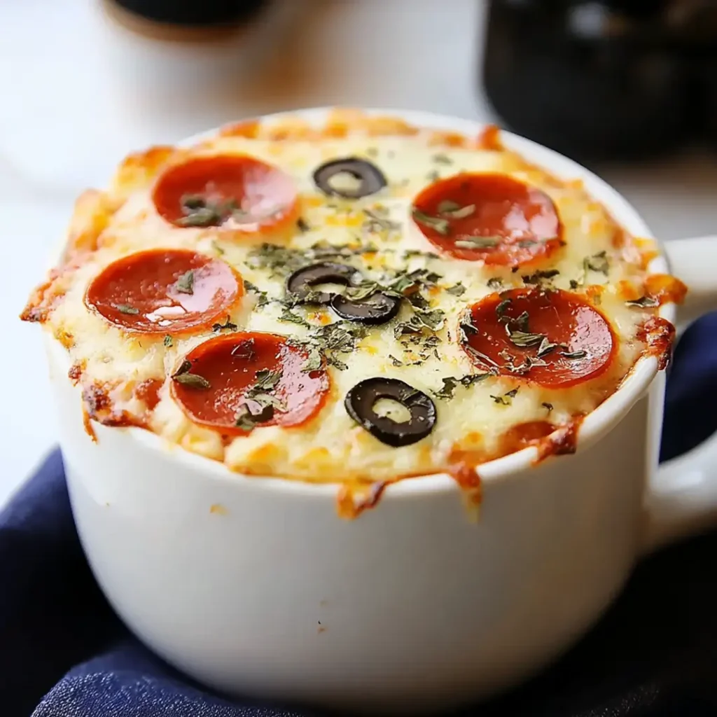 Close-up of a pizza in a mug with melted cheese, pepperoni, olives, and herbs